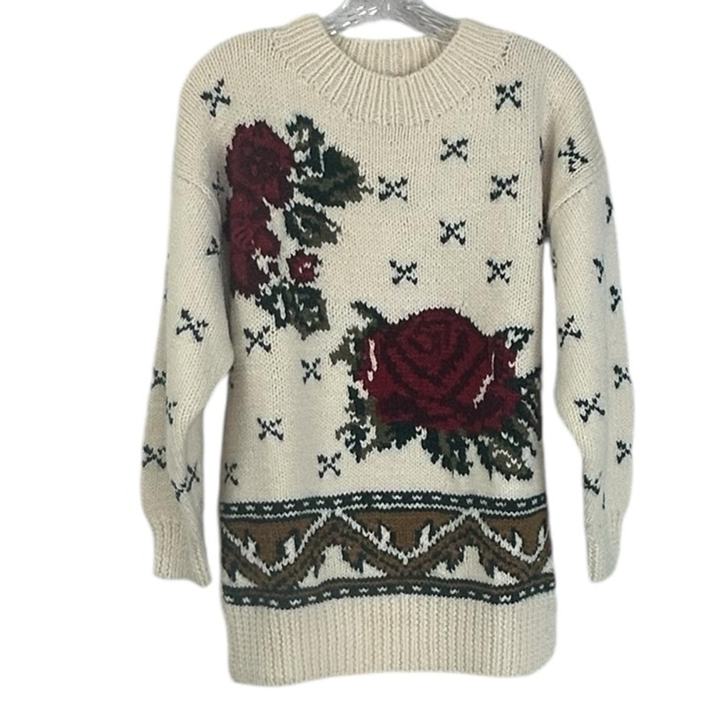 Vintage Studio Michelle Stuart Red Rose Cream Cottage Sweater Granny Medium READ